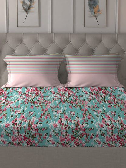 MYTRIDENT Turquoise Blue Pink Floral Pure Cotton 144 TC Queen Bedsheet 2 Pillow Covers