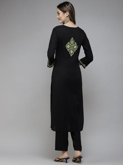 ADA Women Black & Green Ethnic Motifs Embroidered Chikankari Handloom Handloom Kurta
