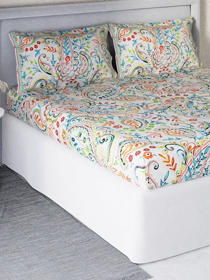 DDecor White & Turquoise Blue Motifs 140 TC Cotton Queen Bedsheet with 2 Pillow Covers