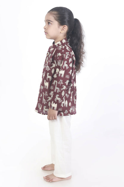 Breathables Kids Cotton Night Suit – Wine Animal Print Kurta & Pyjama Co-Ord Set For Boys & Girls