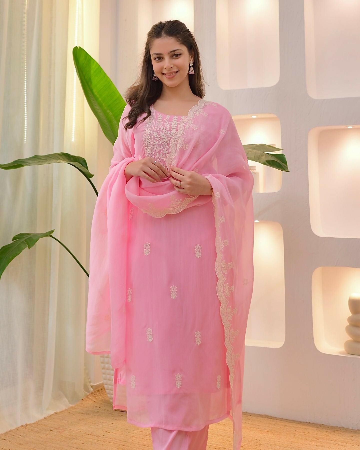 The52 Pink Women's Beautiful Chikankari Work Chanderi Fabric Straight Kurta Pant and Dupatta Set