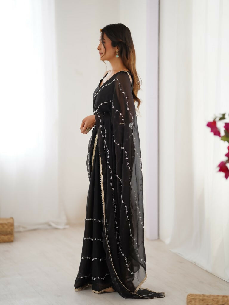 Black Sitara Chiffon Designer Beads Moti,Val Sequence Work Saree - Noorie