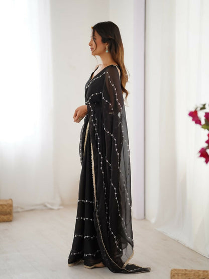 Black Sitara Chiffon Designer Beads Moti,Val Sequence Work Saree - Noorie
