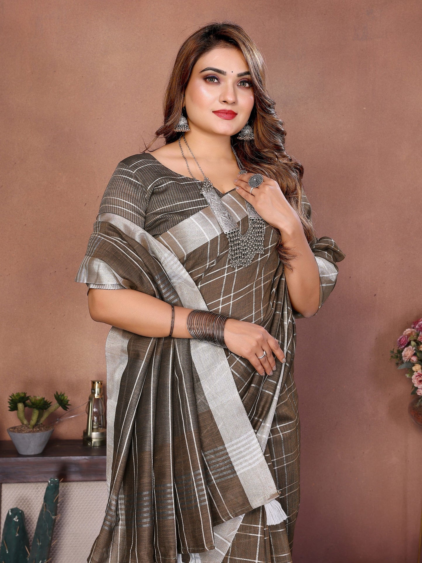 Anaita Chocolate Weaving Linen Cotton Saree With Blouse