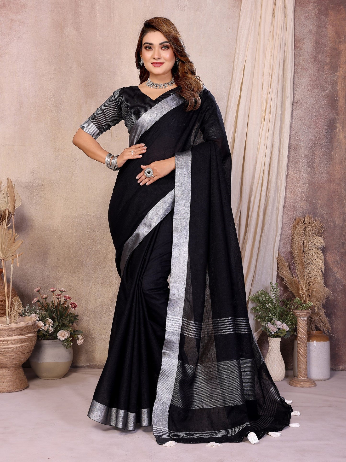 Anaita Black Weaving Linen Cotton Saree With Blouse