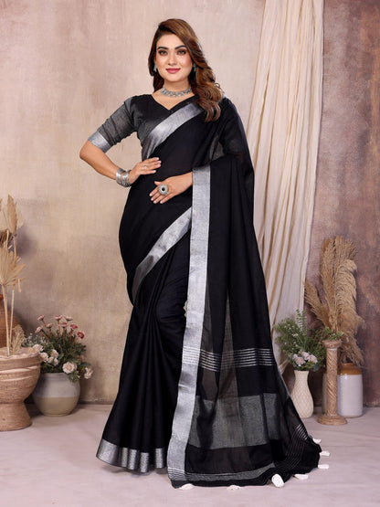 Anaita Black Weaving Linen Cotton Saree With Blouse