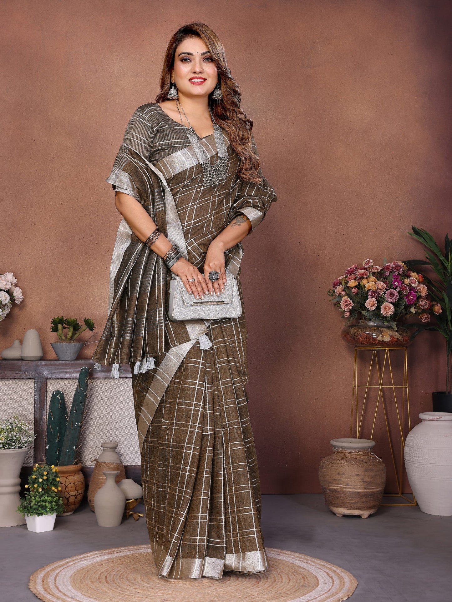 Anaita Chocolate Weaving Linen Cotton Saree With Blouse
