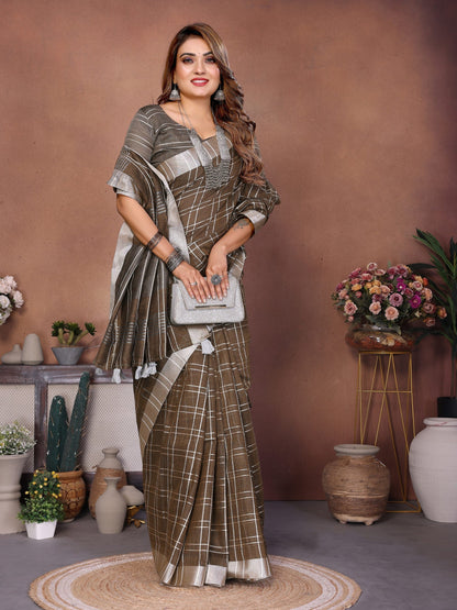 Anaita Chocolate Weaving Linen Cotton Saree With Blouse