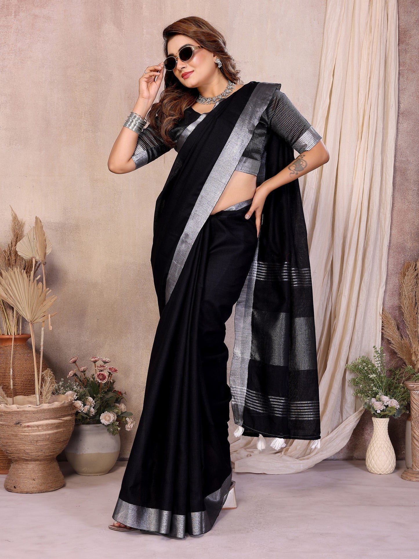 Anaita Black Weaving Linen Cotton Saree With Blouse
