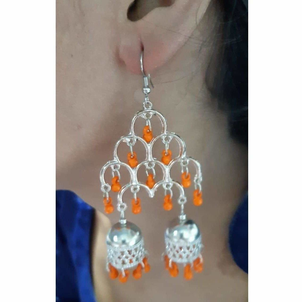 MS Fashion India Silver Oxidized Fashion Traditional Double Jhumka Long Orange Pearls Earrings