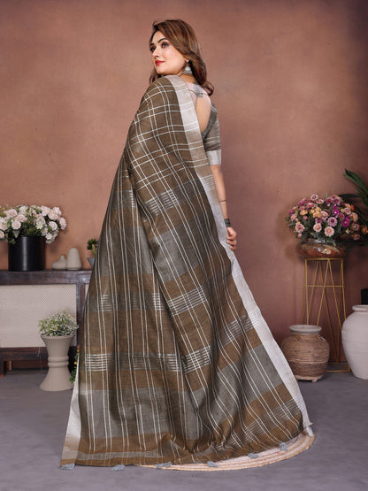 Anaita Chocolate Weaving Linen Cotton Saree With Blouse