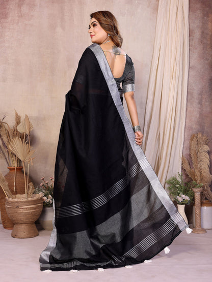 Anaita Black Weaving Linen Cotton Saree With Blouse