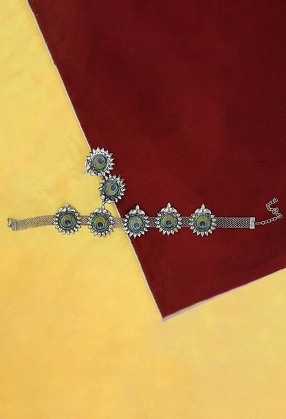 Mominos Fashion Johar Kamal Oxidised Silver-Plated Peacock Wings Work Necklace Handicraft