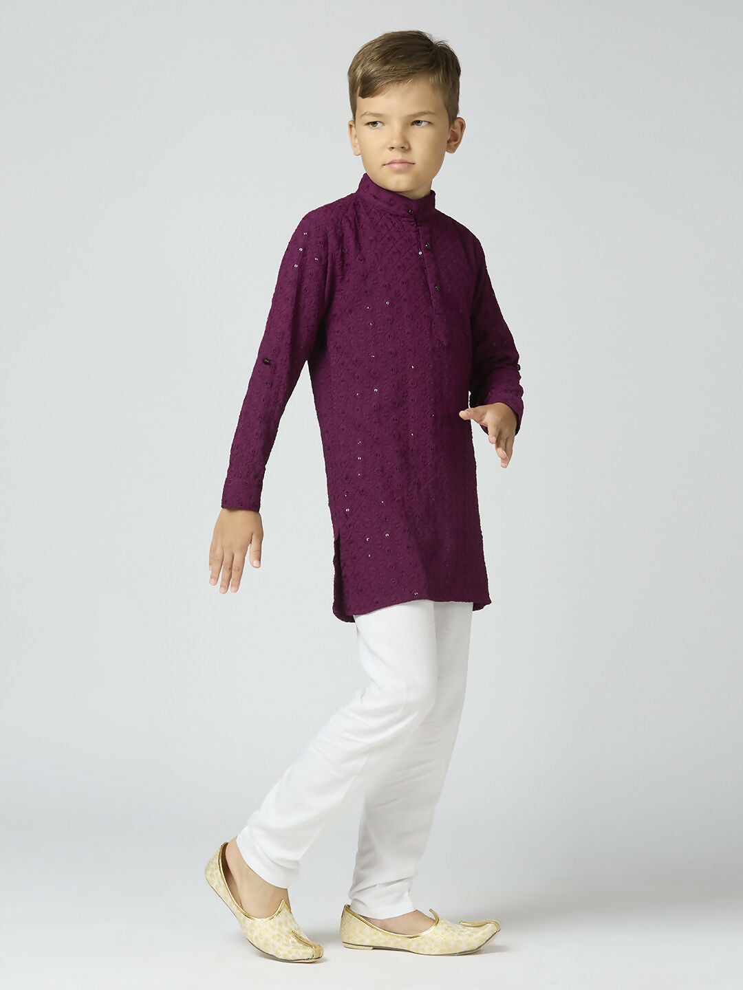 Joban Fashion Kids Island Full Sleeves Cotton Kurta, Pyjama Set with Sequin work - Wine