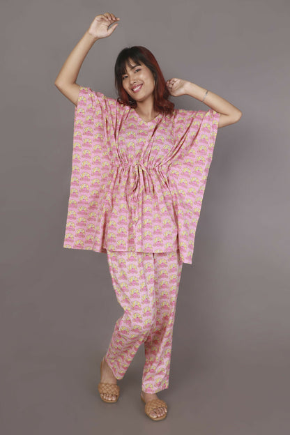 Breathables Women’S Loungewear Kaftan Co-Ord Set Cotton V-Neck In Quirky Pink Print