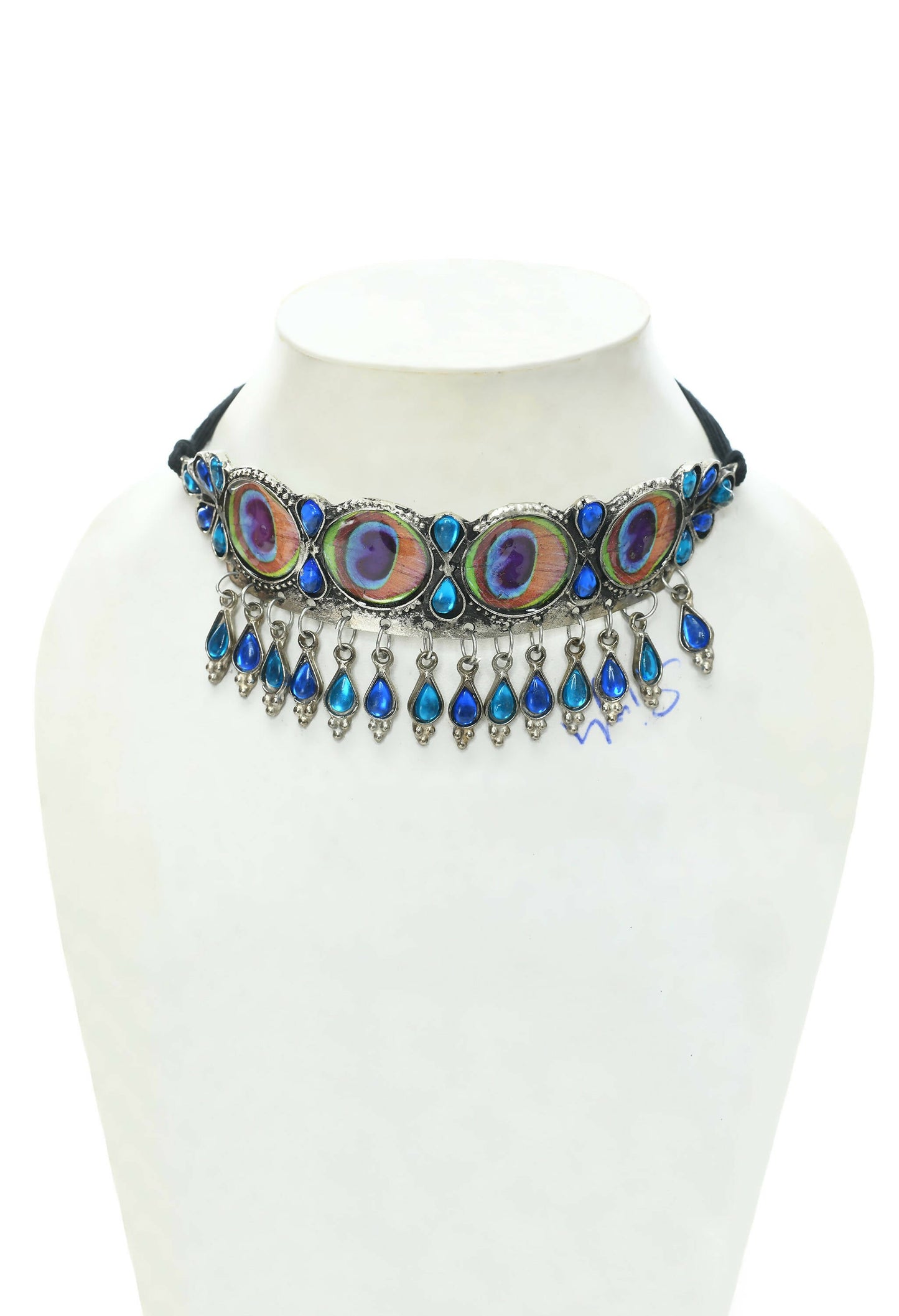 Mominos Fashion Johar Kamal Oxidised Silver-Plated Brass Finish Peacock Wings Choker For Women
