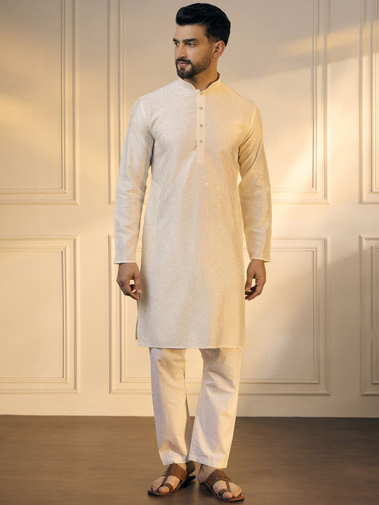 Anouk White Striped Embroidered Sequinned Mandarin Collar Straight Kurta