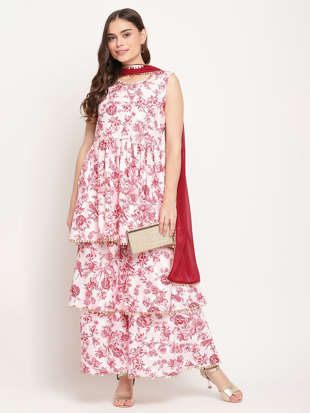 Ahalyaa Women's Pink Rayon Digital Floral Print Kurta Sharara Set with Dupatta