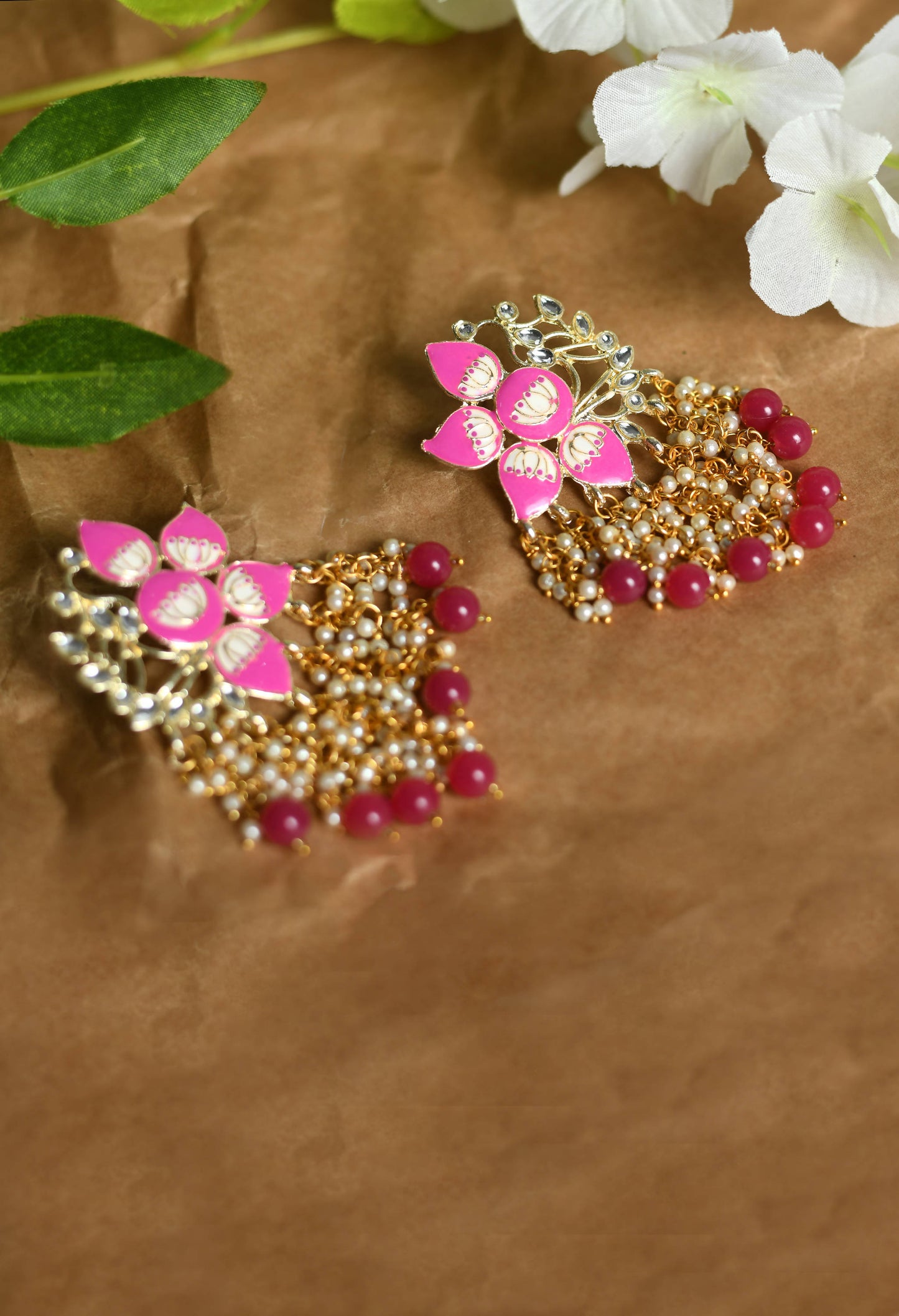 Mominos Fashion Johar Kamal Gold-Polished Kundan Pink Meenakari Earrings