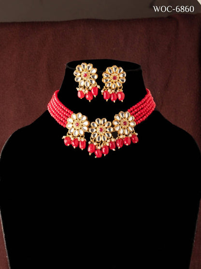 Mominos Fashion Johar Kamal Women's Red Beads Pearls Gold-Polished Jewellery Set