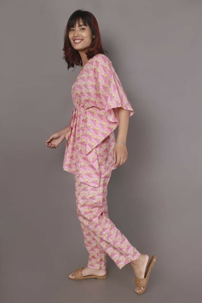 Breathables Women’S Loungewear Kaftan Co-Ord Set Cotton V-Neck In Quirky Pink Print