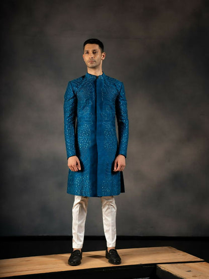Ink Blue Hand Embroidered Indowestern Sherwani by Hilo Design