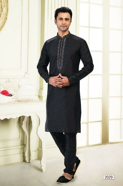 Raivat Ethnic Jacquard Banarasi Silk Thread Work Kurta Pajama In Black Colour