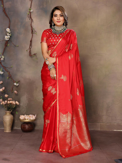 Joban Fashion Red Floral Motifs Banarasi Silk Sarees