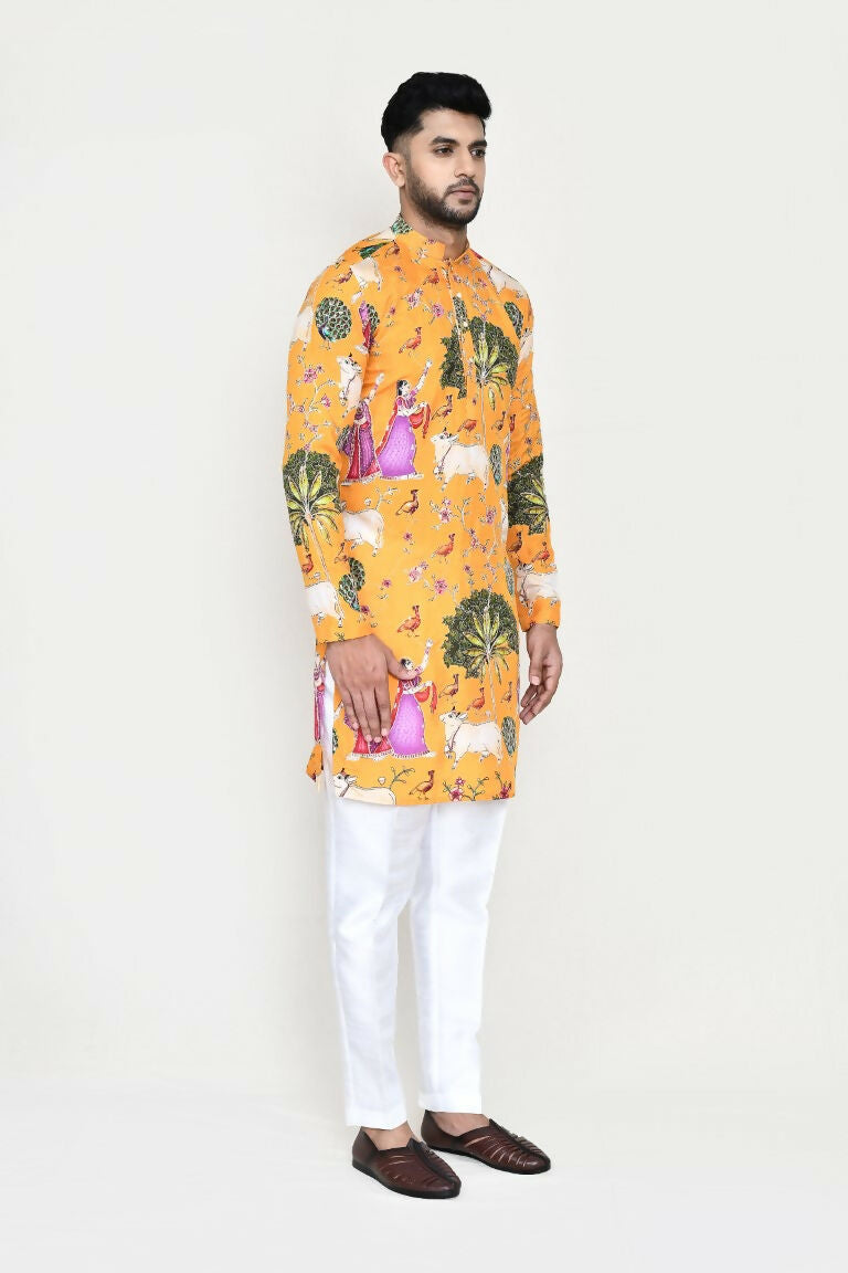 Joban Fashion White Colored Rayon Based With Modal Hand Print Work Fabric Kurta,Straight Fit Pant