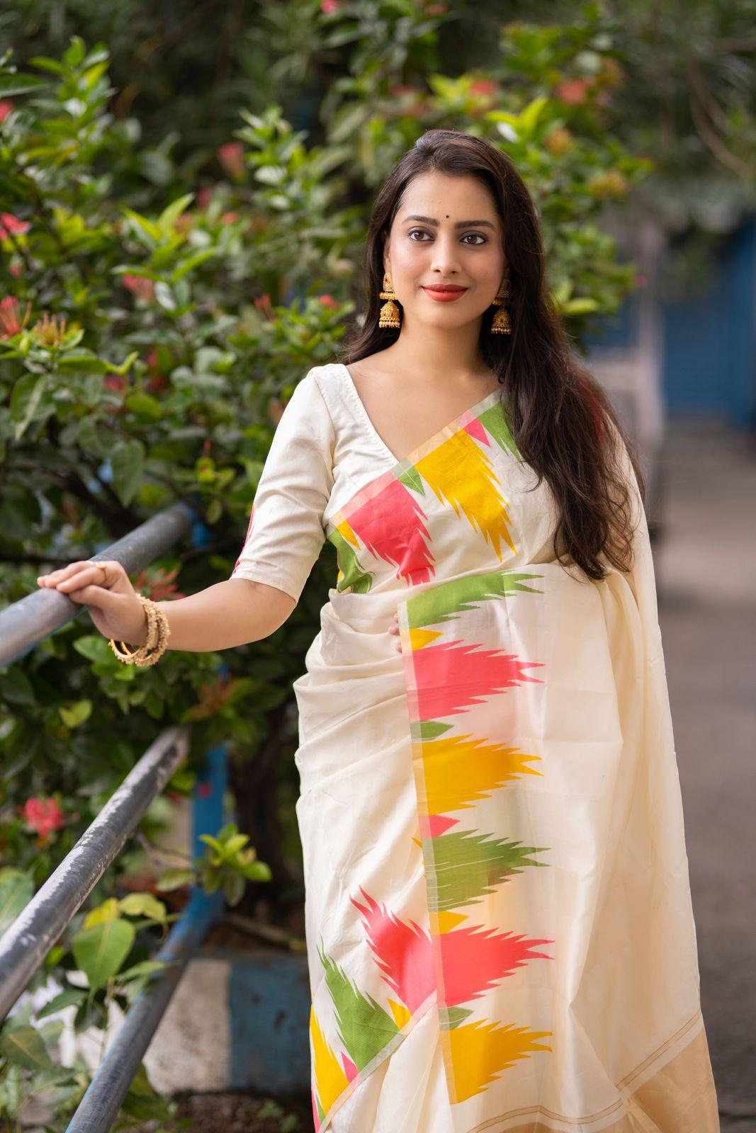Cream Polycotton Woven Design Saree with Unstitched Blouse - A2M