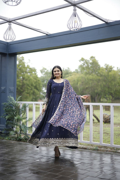 Aayaa Designer Embroidery Zari Sequins-Work Faux Blooming Georgette Suit - Navy Blue