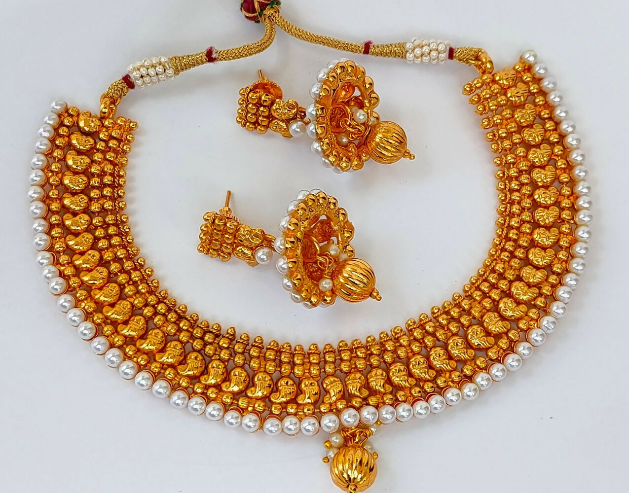 Metallic Mango Necklace Set With White Beads