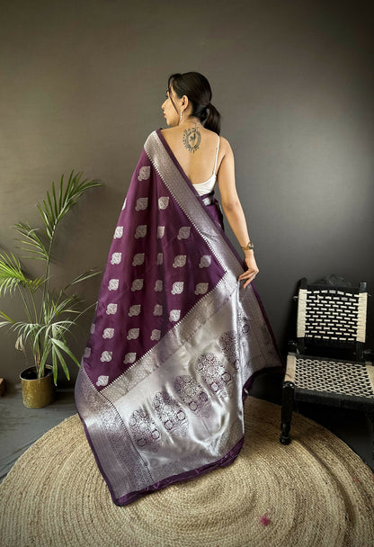 Joban Fashion Wine Floral Motifs Soft Silk Banarasi Saree