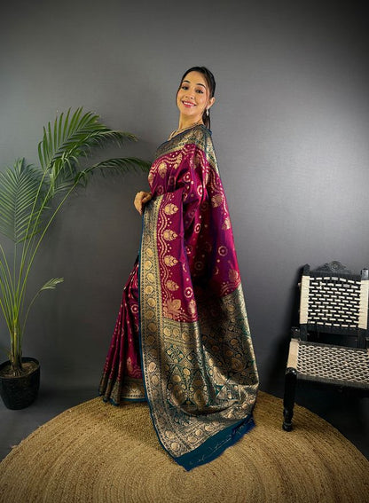 Elora Wine Soft Silk Butti Zari Weaving Contrast Weaving Border Banarasi Saree