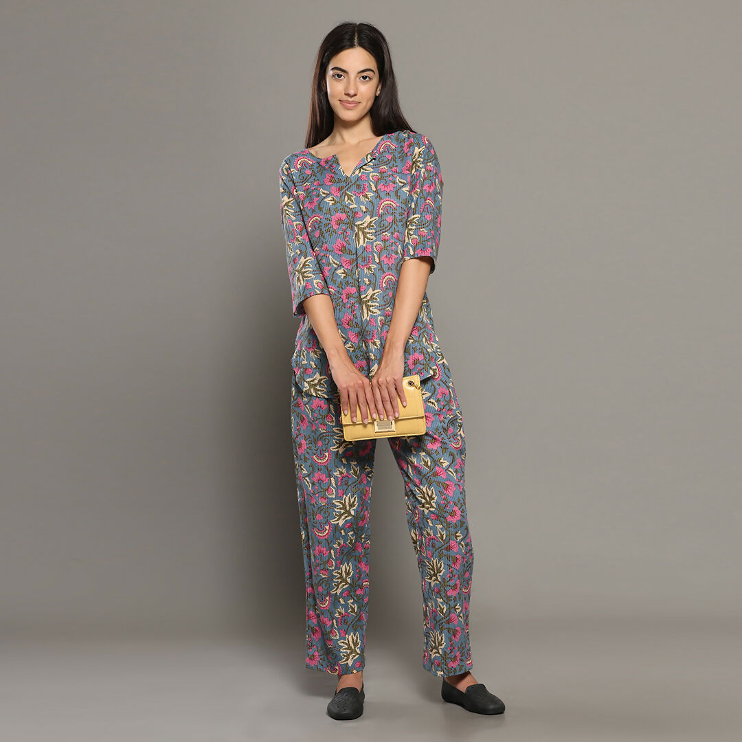 Breathables Women Cotton Printed Loungewear Kurta And Pants Co-Ord Set Grey I Night Wear | Floral Print