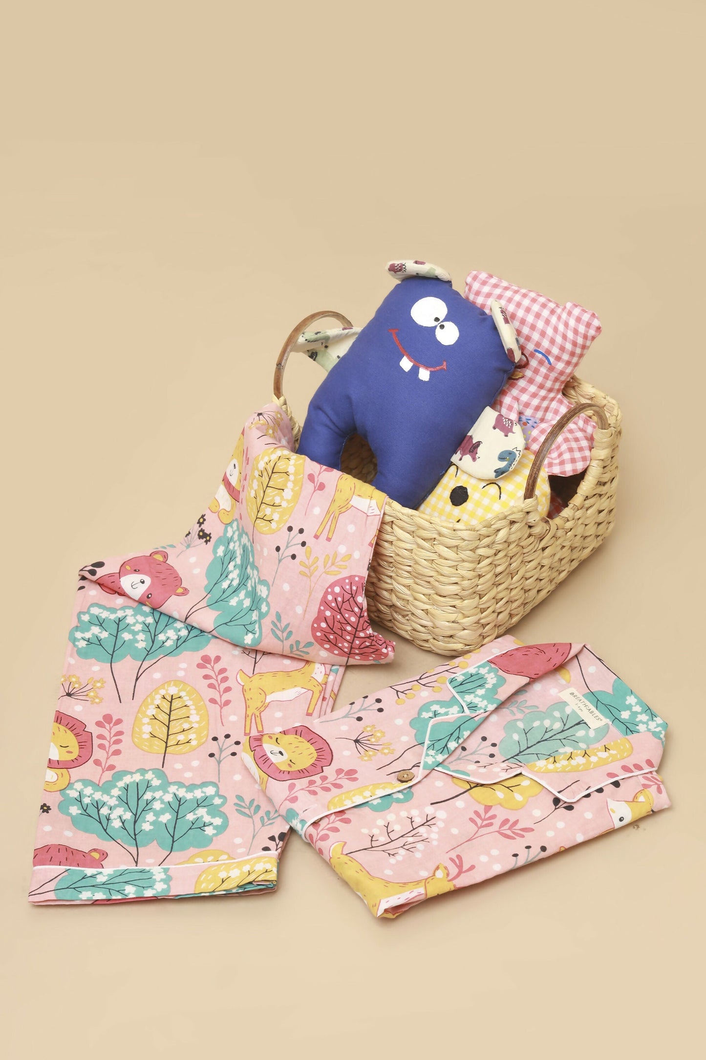 Breathables Kids Cotton Night Suit – Peach Lion & Teddy Shirt & Pyjama Co-Ord Set For Boys & Girls