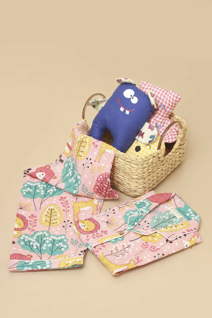 Breathables Kids Cotton Night Suit – Peach Lion & Teddy Shirt & Pyjama Co-Ord Set For Boys & Girls