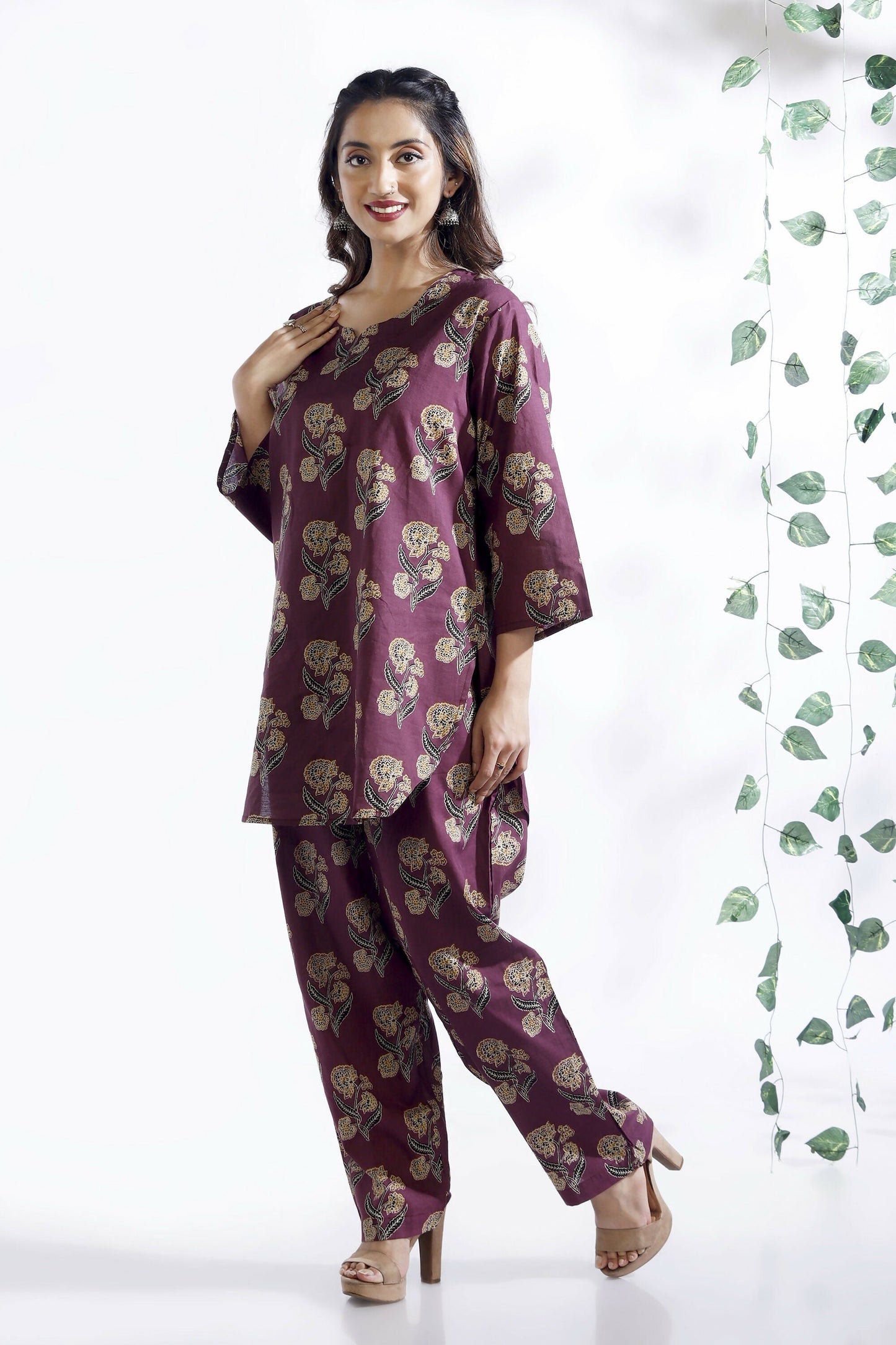 Breathables Wine Butta Cotton Co-Ord Set – Kurta With Straight Pants