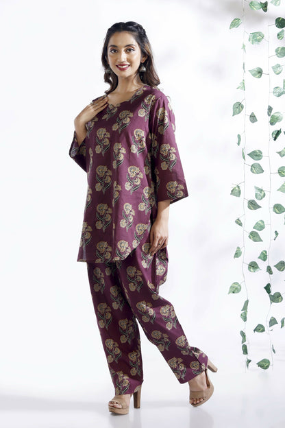 Breathables Wine Butta Cotton Co-Ord Set – Kurta With Straight Pants