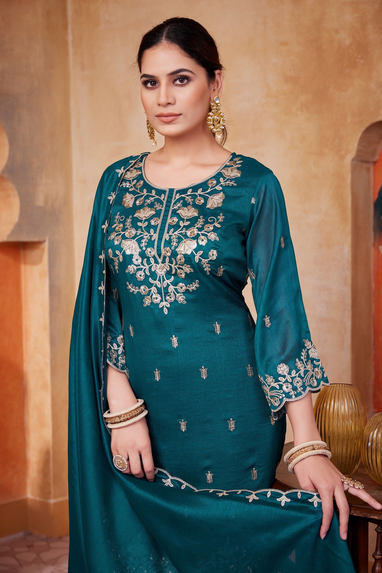 Anaita Teal Readymade Suit with Embroidery Work