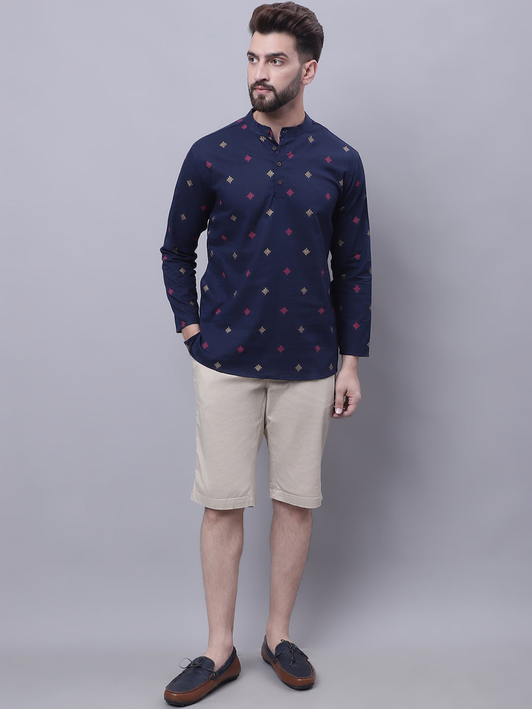 Even Apparels Blue Pure Cotton Short Kurta With Band Collar