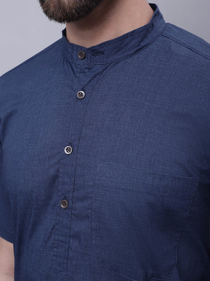 Even Apparels Blue Pure Cotton Short Sleeves Kurta With Band Collar