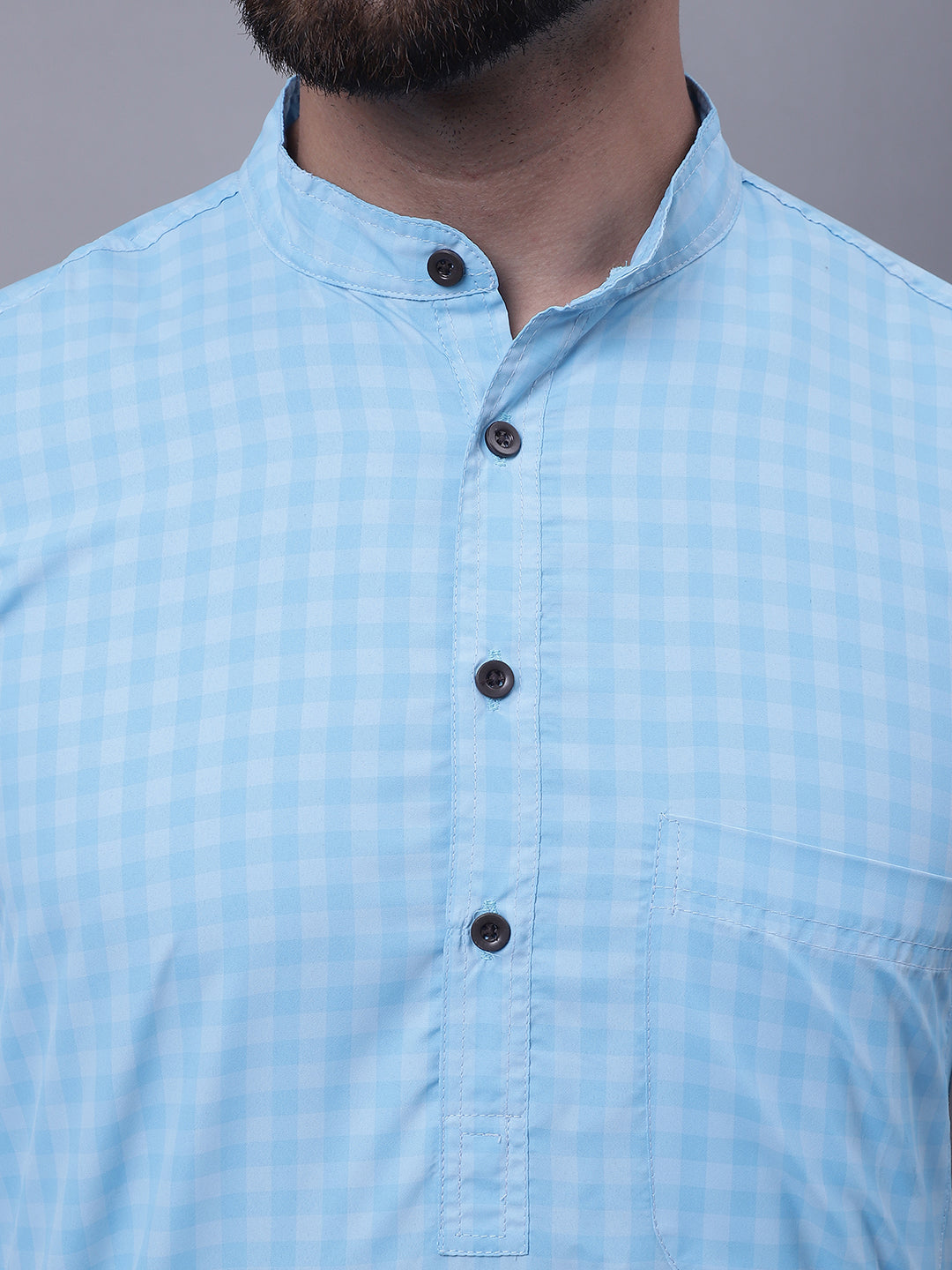 Even Apparels Blue Pure Cotton Short Sleeves Kurta With Band Collar