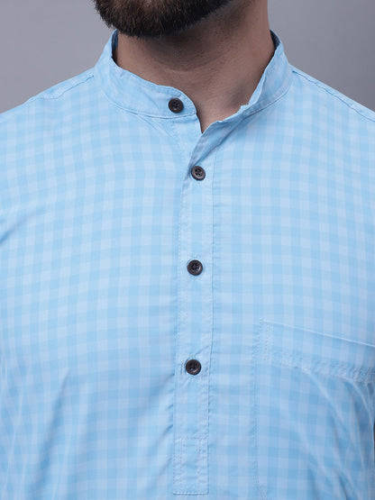 Even Apparels Blue Pure Cotton Short Sleeves Kurta With Band Collar