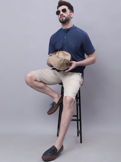 Even Apparels Blue Pure Cotton Short Kurta With Band Collar