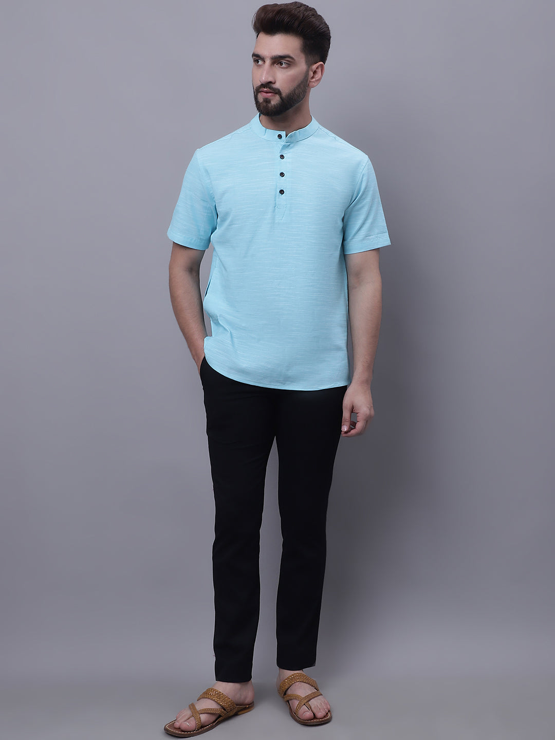 Even Apparels Blue Pure Cotton Short Kurta With Band Collar