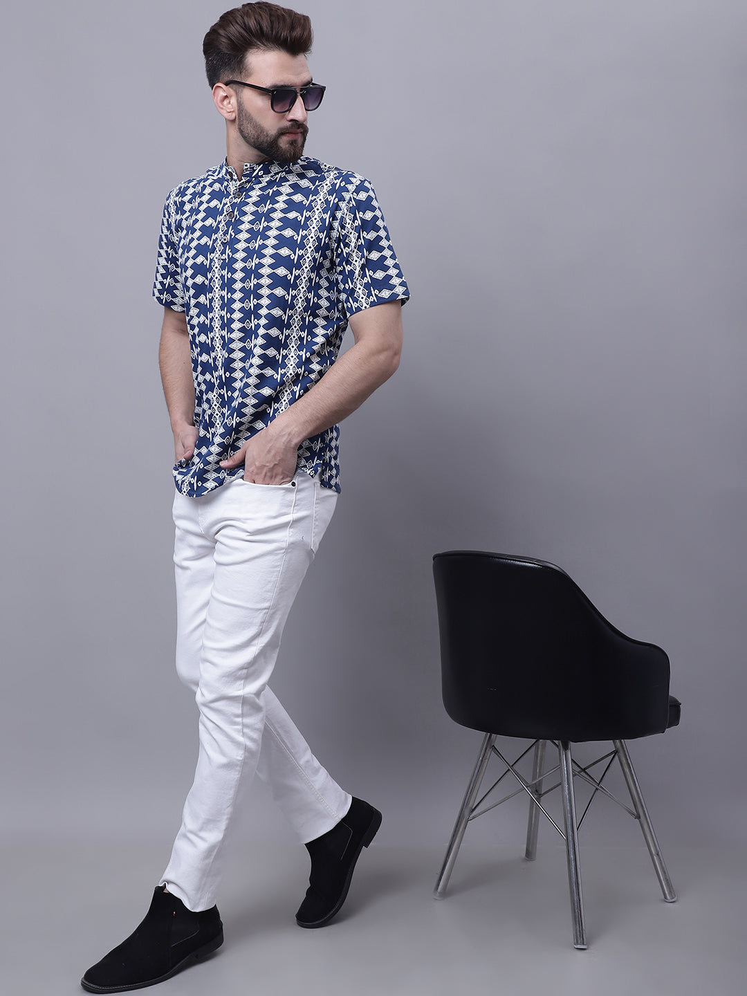 Even Apparels Blue Pure Cotton Short Kurta With Band Collar