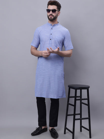 Even Apparels Blue Pure Cotton Short Sleeves Kurta With Band Collar
