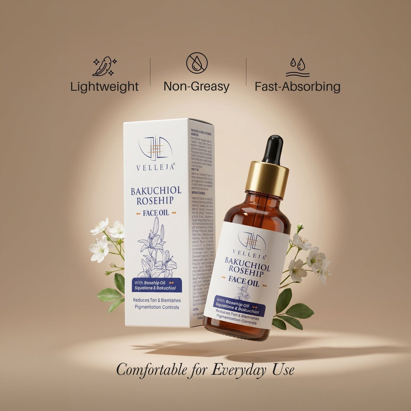 Velleja Bakuchiol Rosehip Face Oil with Squalane for Pigmentation & Dark Spots | Velleja