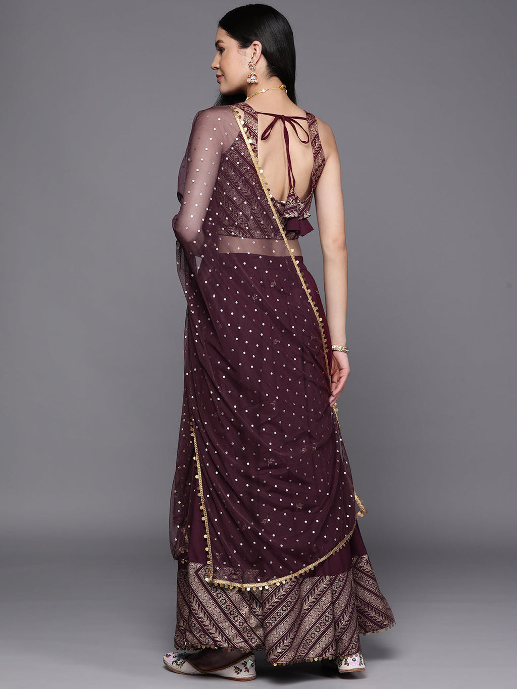 Ahalyaa Purple & Gold Toned Printed Sequinned Foil Print Ready to Wear Lehenga & Blouse With Dupatta